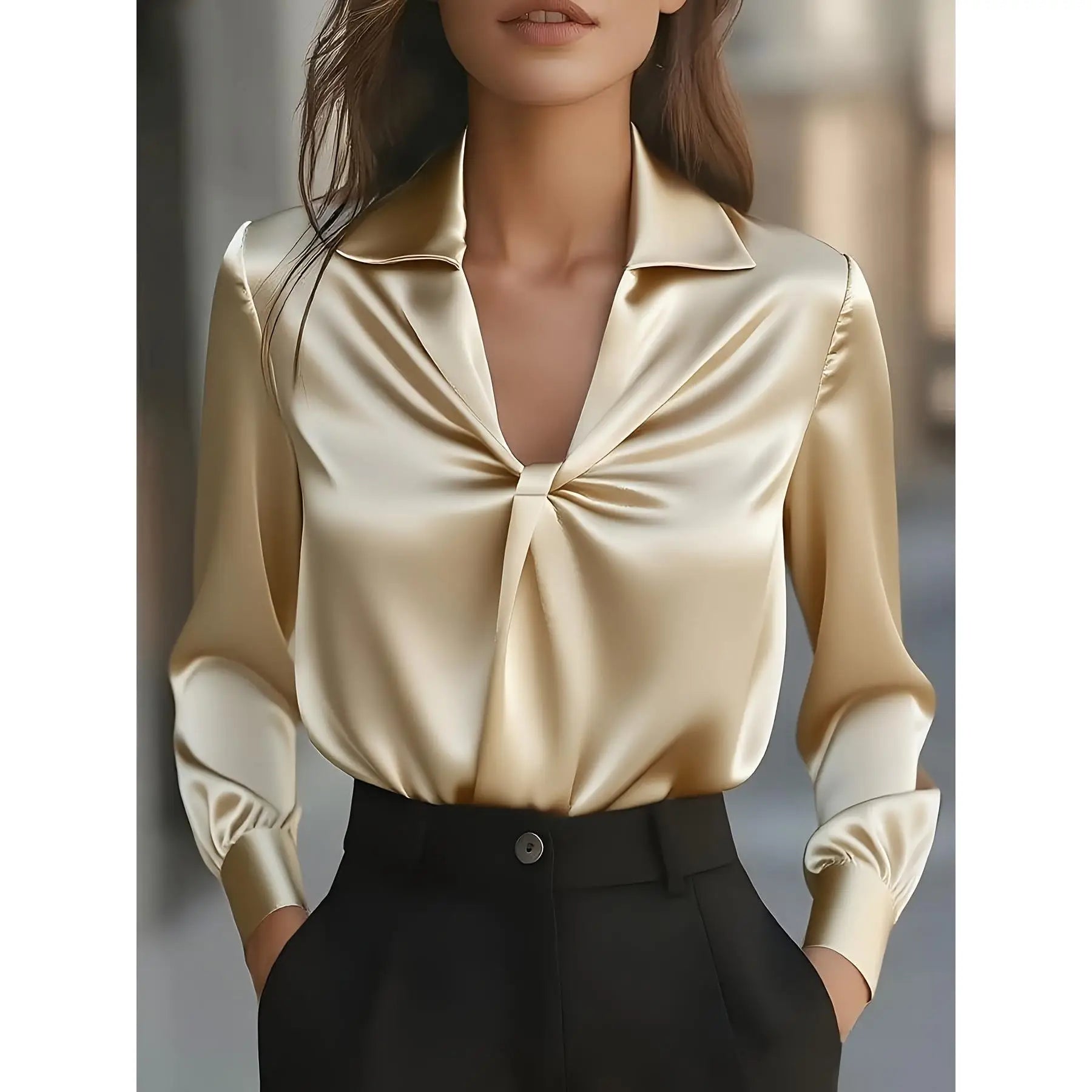 Premium Pure Color Long Sleeve Woven Shirt — Polyester Deformation-Resistant | Elegant Office Style | Women's Autumn