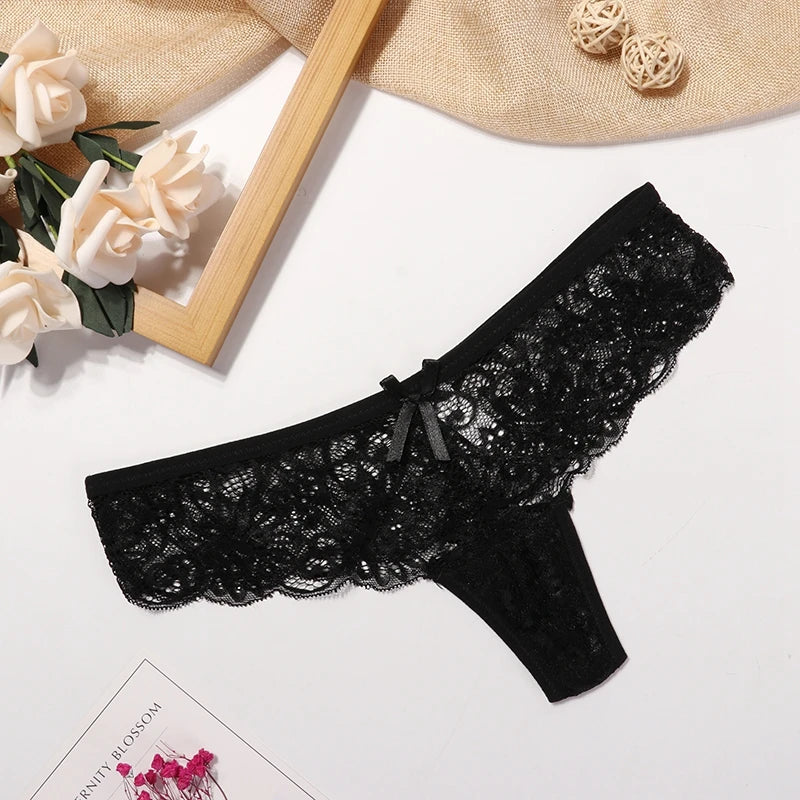 Women's Lace Thong Panties Brazilian Cut Low Waist Sexy See Through Lingerie Hollow Out Comfortable Elastic Underwear