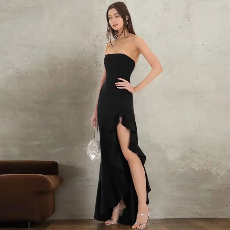 Wine Strapless Ruffle-Slit Maxi Dress — Sleeveless Evening Gown