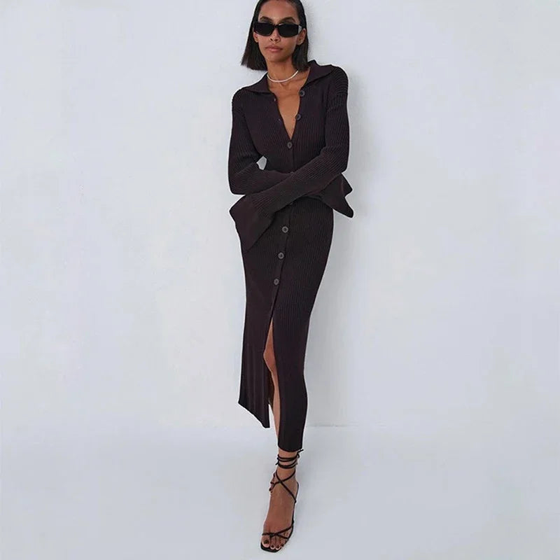 GIDYQ Flare Sleeve Knit Midi Dress — Y2K V-Neck Slim A-Line Single Breasted | Club Streetwear | 6 Colors | S–L