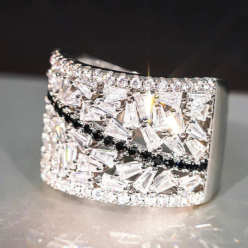 Huitan Geometric Black Cubic Zirconia Cocktail Ring