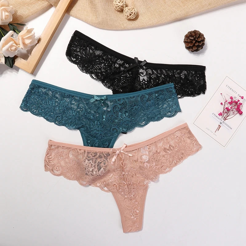 Women's Lace Thong Panties Brazilian Cut Low Waist Sexy See Through Lingerie Hollow Out Comfortable Elastic Underwear