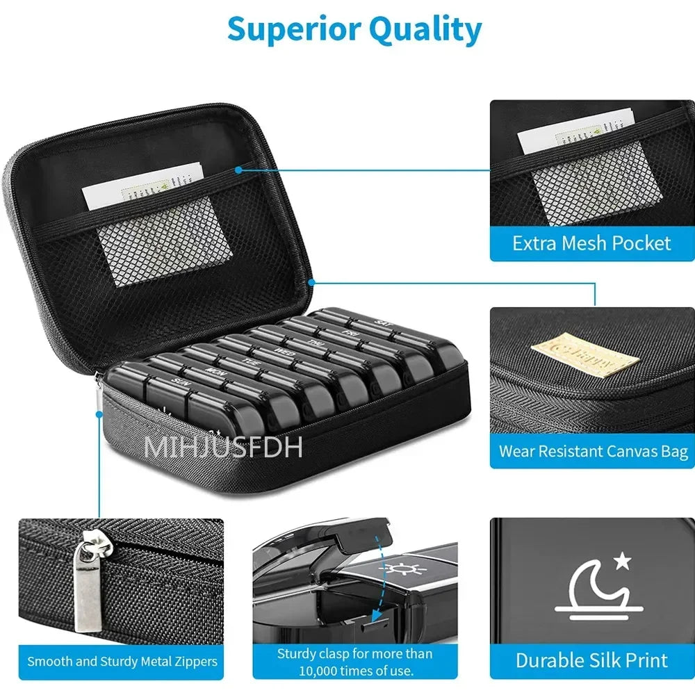 7 Day Weekly Pill Organizer 28 Grids 4 Times Daily Portable Stylish Business Bag Pill Box for Men Women Medicine Vitamin Storage