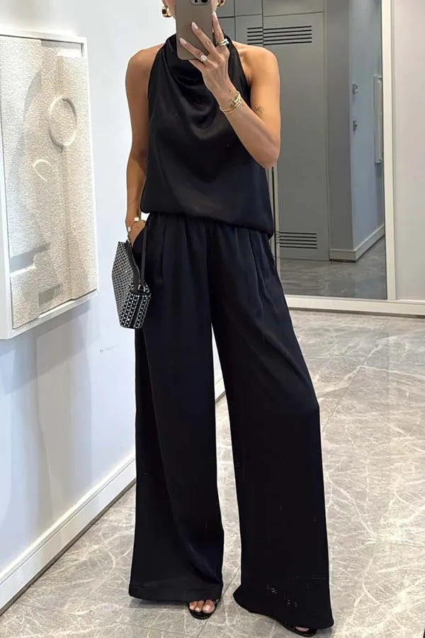 Women's Sleeveless Satin Top & Straight Pants 2-Piece Set – Chic Commuter Suit