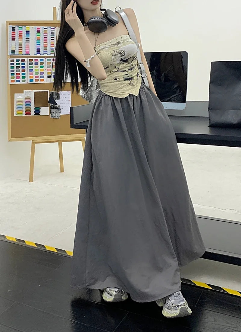 Chic Women Pockets A-Line Long Skirts Ladies Casual Loose Elastic High Waist Midi Skirt 2024 Spring Summer