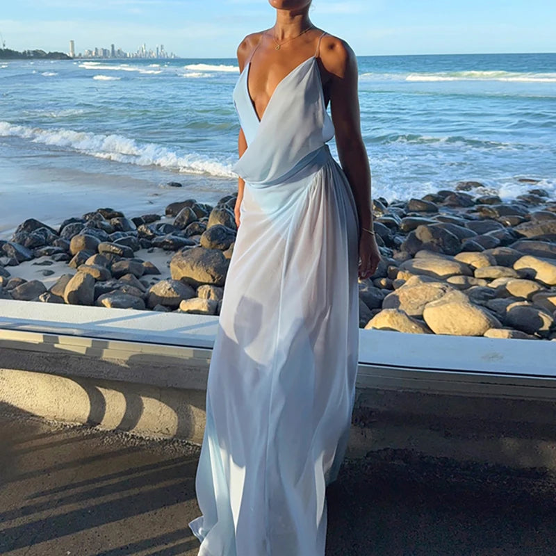 Sexy Low-cut V-neck Sleeveless Suspender Dress Elegant Mesh Patchwork Backless Long Dress Fashion Draped Solid Beach Party Dress