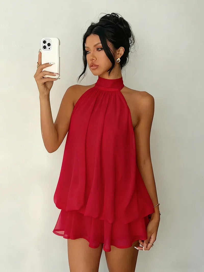 Women's Sleeveless Backless A-Line Mini Dress – Elegant Halter Party Dress