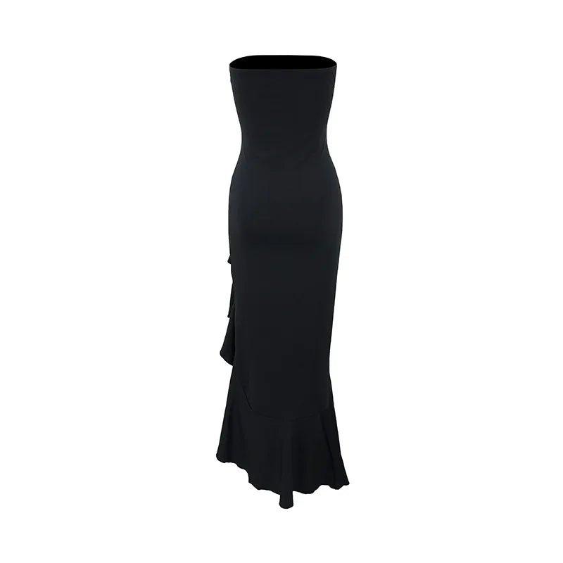Wine Strapless Ruffle-Slit Maxi Dress — Sleeveless Evening Gown