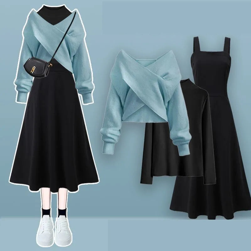 2025 Female Elegant Winter New Cross Knitted Sweater+Bottom Shirt+Black Strap Dress 3-Piece Suit Women Chic Hoodie Matching Set