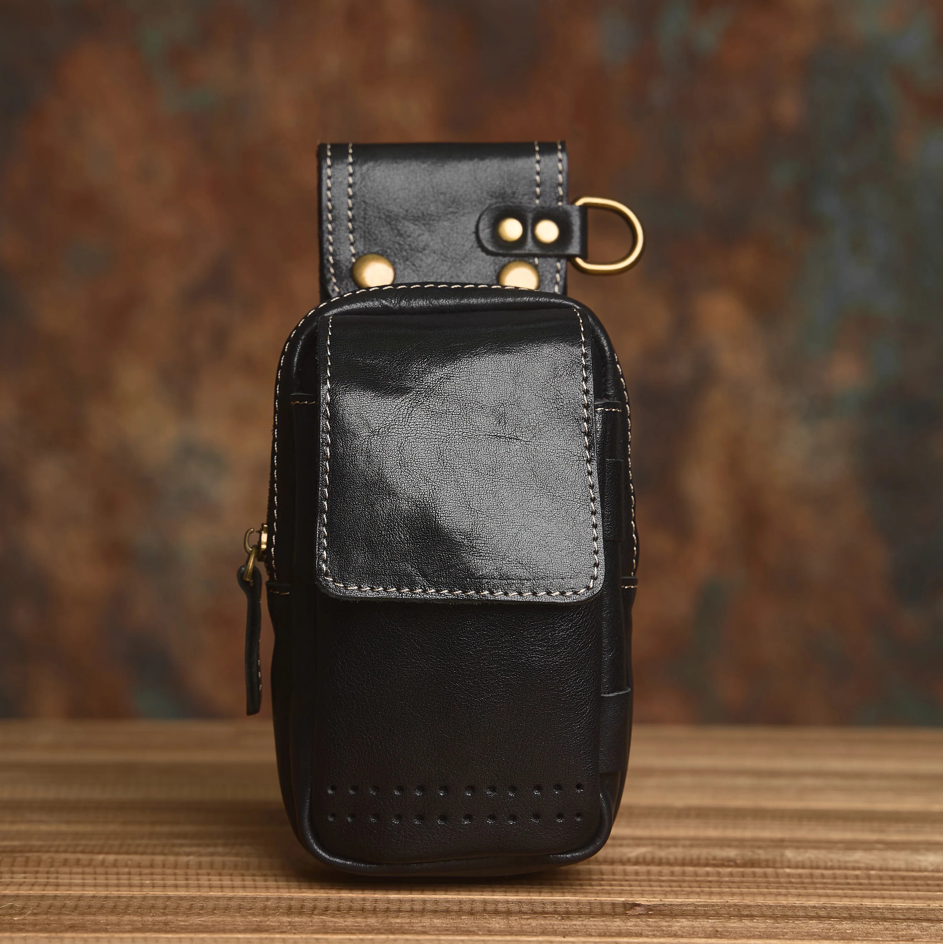 NASVA Genuine Leather Men's Waist Bag Multifunctional Mobile Phone Bag Wearable Belt Waist Bag with Key Hanging Buckle