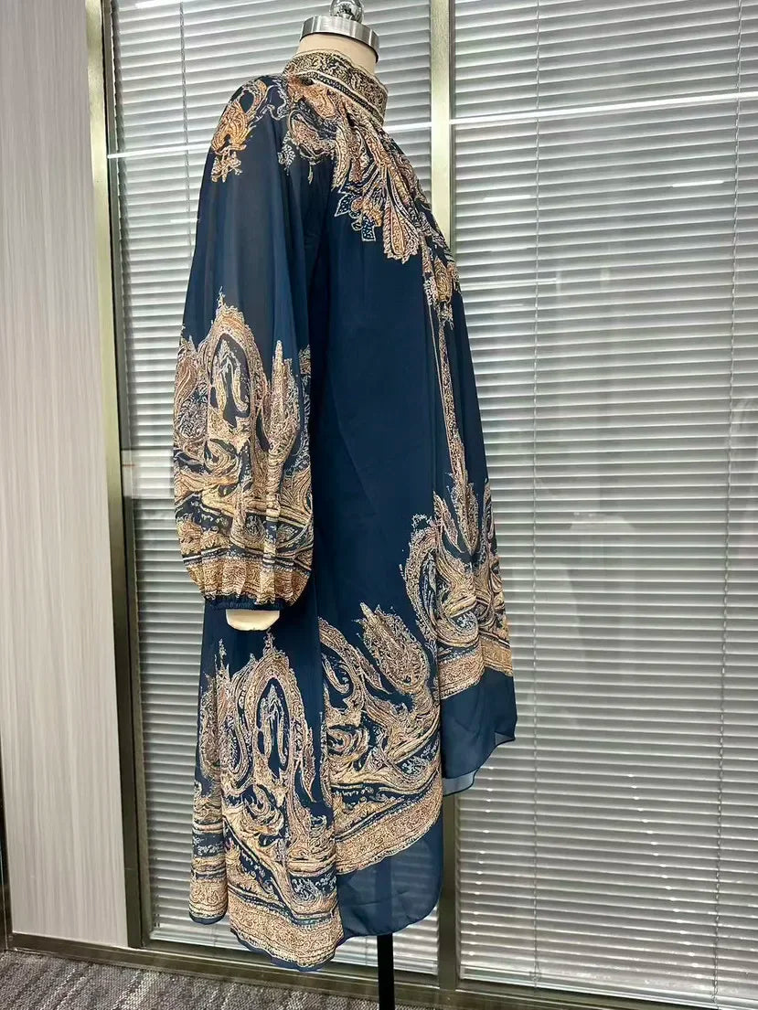 2026 hot  European and American turtleneck printed chiffon dress loose vacation style shawl long-sleeved women's dress