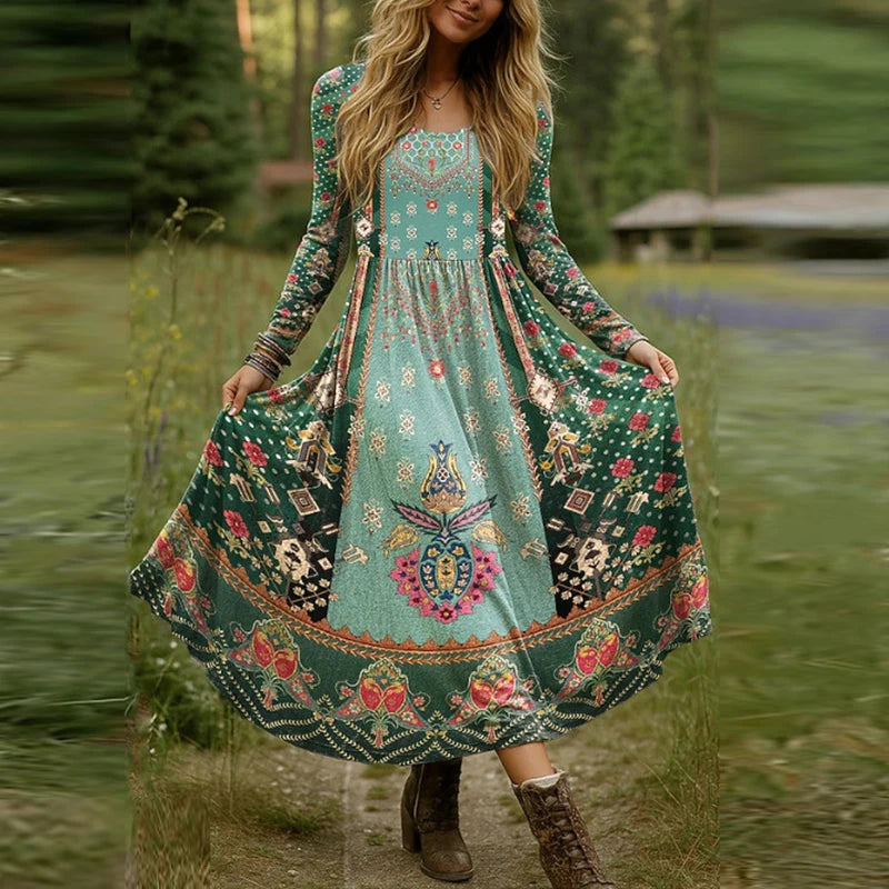 BISHAN Plus Size Boho Floral Print Maxi Dress — O-Neck Long Sleeve A-Line | Party Spring Autumn | 0XL–5XL