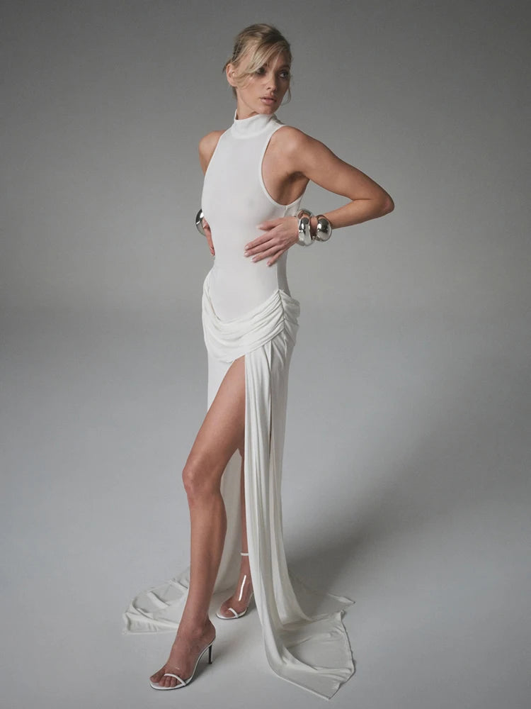 Turtleneck Off-Shoulder Thigh-Split Maxi Dress