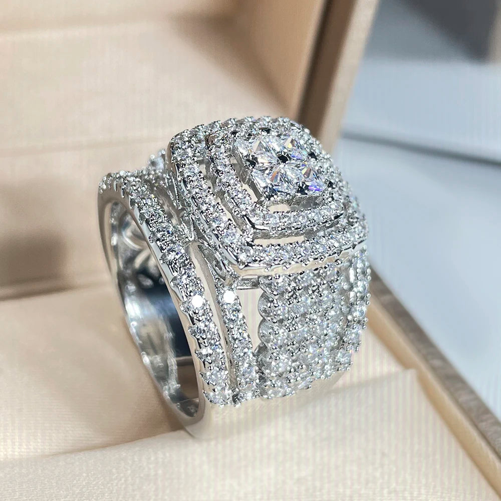 Geometric White Zircon Statement Ring