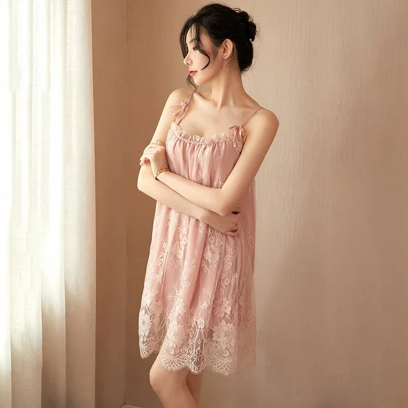 Women's Lace Trim Sling Nightdress – Sleeveless Satin-Feel Sleepwear Mini Dress