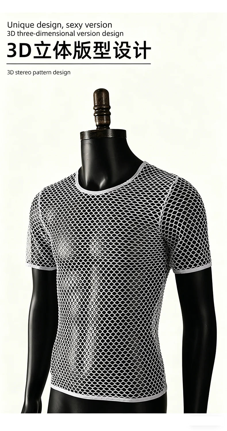 Mens Mesh See Through T Shirt Ice Cool Breathable Fishnet Hollow Out Short Sleeve