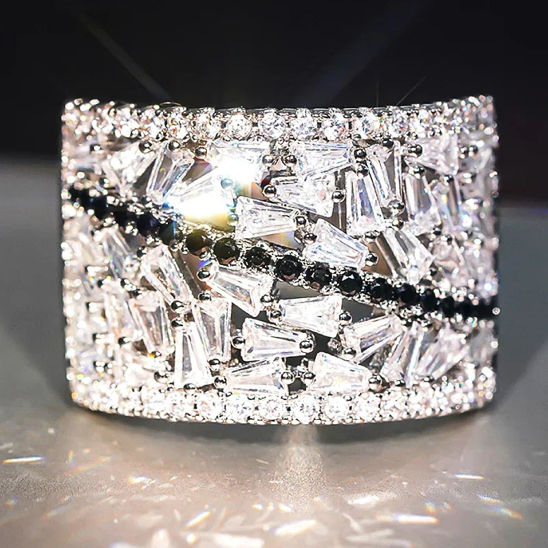 Huitan Geometric Black Cubic Zirconia Cocktail Ring