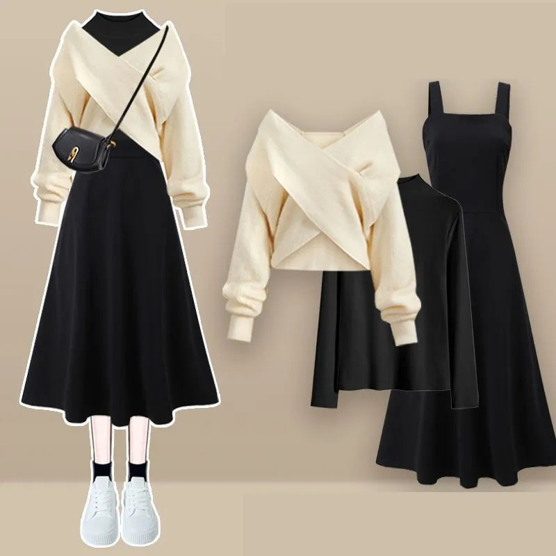 2025 Female Elegant Winter New Cross Knitted Sweater+Bottom Shirt+Black Strap Dress 3-Piece Suit Women Chic Hoodie Matching Set