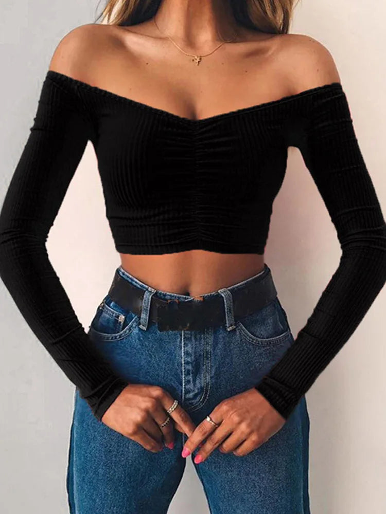 Dozw Off-Shoulder Long Sleeve Club Tee — Solid Color High-Stretch | Sexy Autumn Basic | Women's S–XL