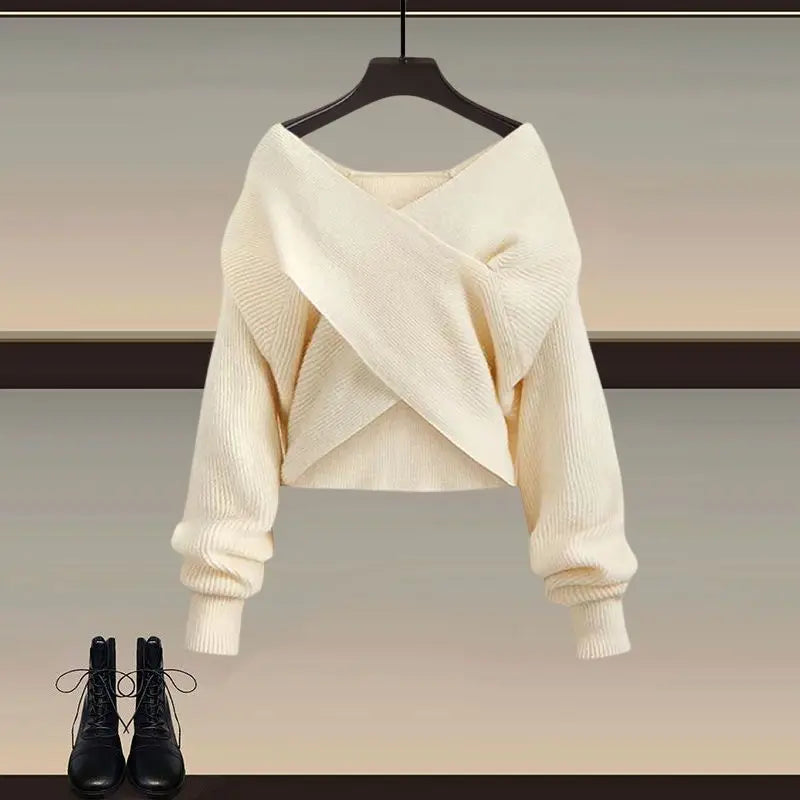 2025 Female Elegant Winter New Cross Knitted Sweater+Bottom Shirt+Black Strap Dress 3-Piece Suit Women Chic Hoodie Matching Set