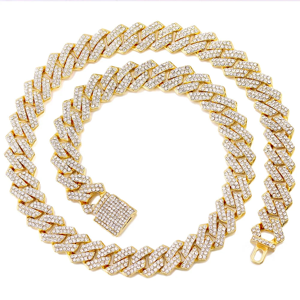 14mm Iced Out Cuban Link Chain — Prong-Set Choker & Bracelet, Gold or Silver Tone | Unisex