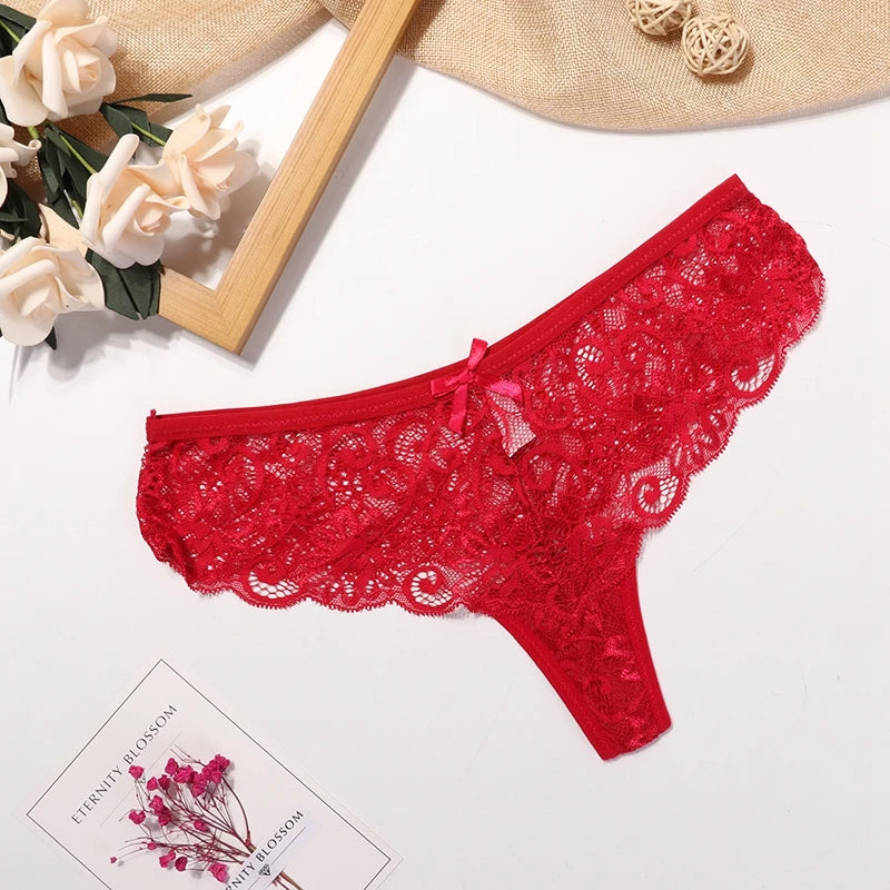 Women's Lace Thong Panties Brazilian Cut Low Waist Sexy See Through Lingerie Hollow Out Comfortable Elastic Underwear