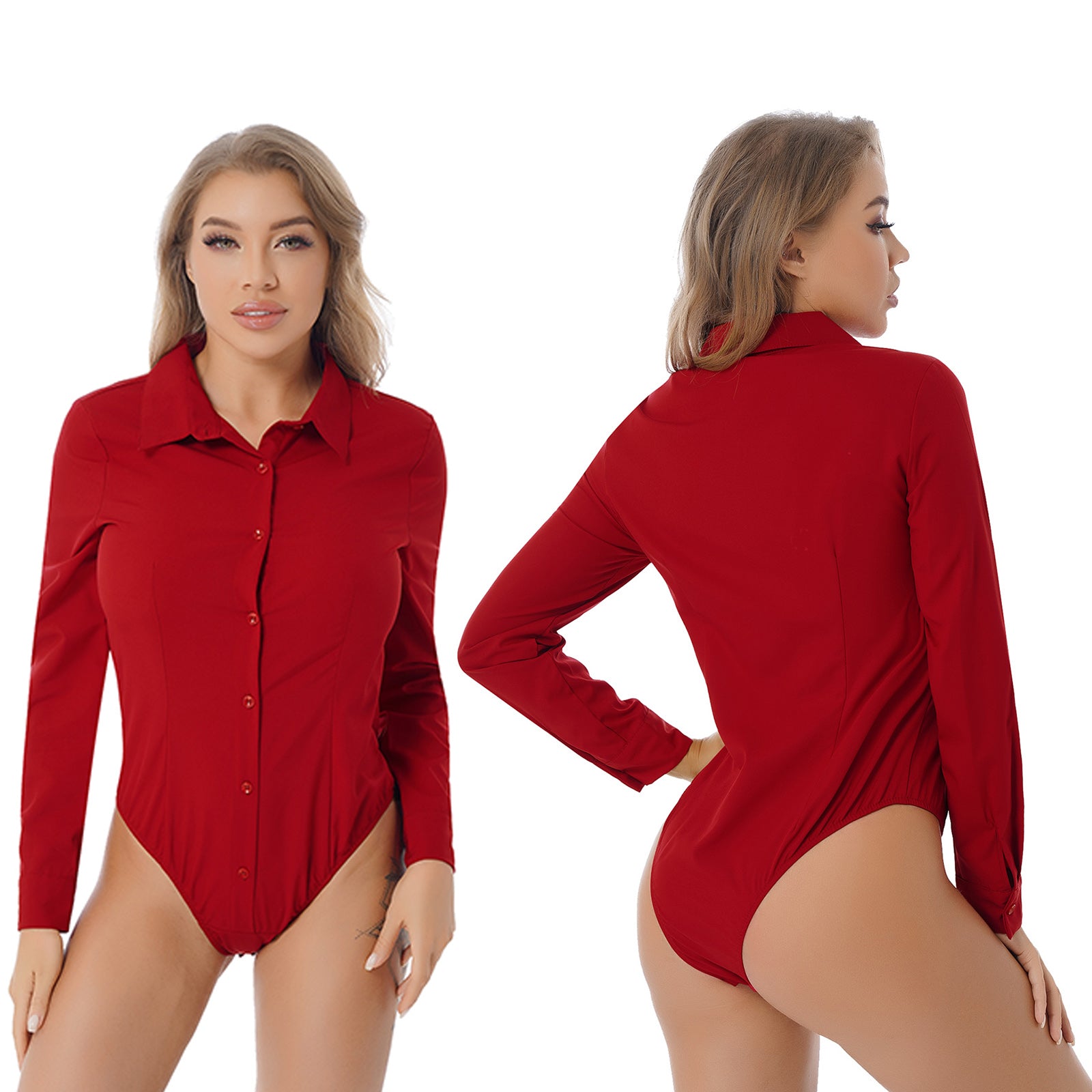 Women's Long Sleeve Bodysuit Shirt – Slim Fit Office Blouse Leotard Top