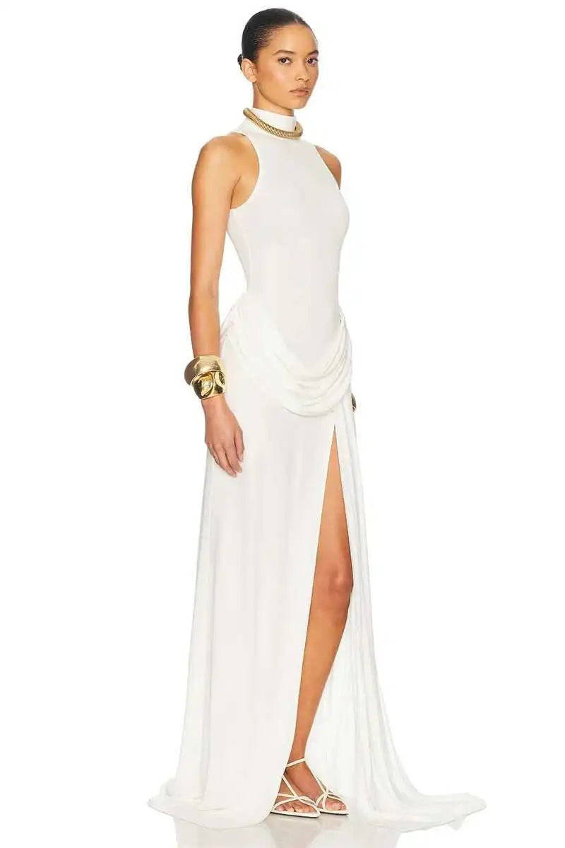 Turtleneck Off-Shoulder Thigh-Split Maxi Dress
