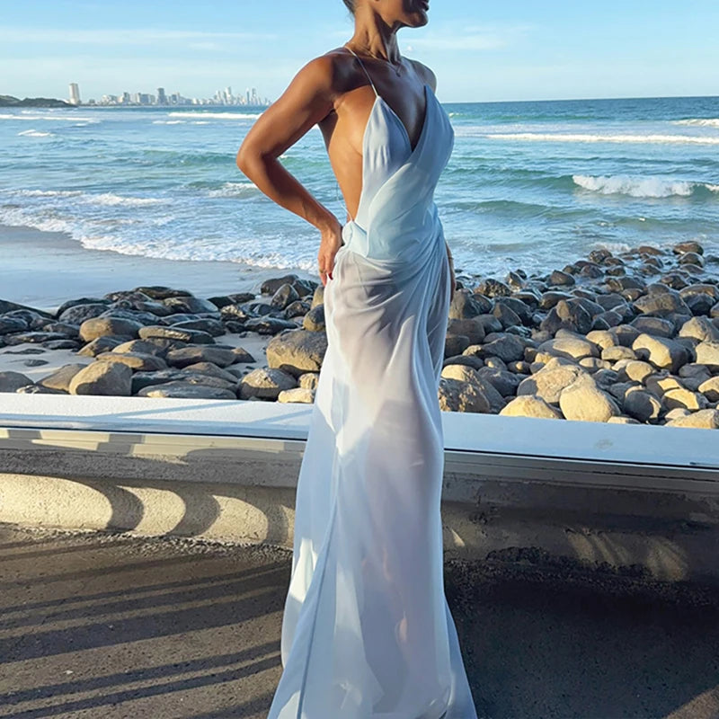 Sexy Low-cut V-neck Sleeveless Suspender Dress Elegant Mesh Patchwork Backless Long Dress Fashion Draped Solid Beach Party Dress