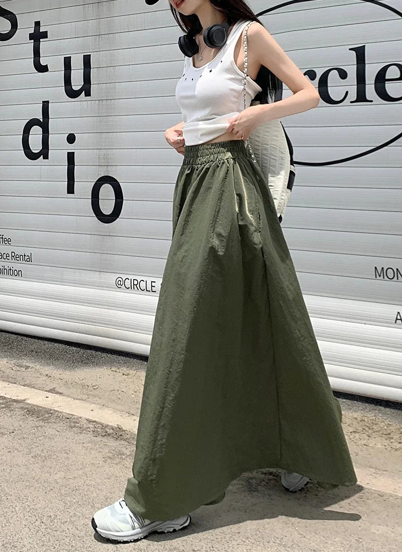 Chic Women Pockets A-Line Long Skirts Ladies Casual Loose Elastic High Waist Midi Skirt 2024 Spring Summer