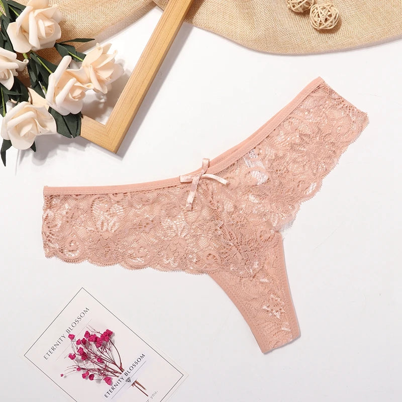 Women's Lace Thong Panties Brazilian Cut Low Waist Sexy See Through Lingerie Hollow Out Comfortable Elastic Underwear