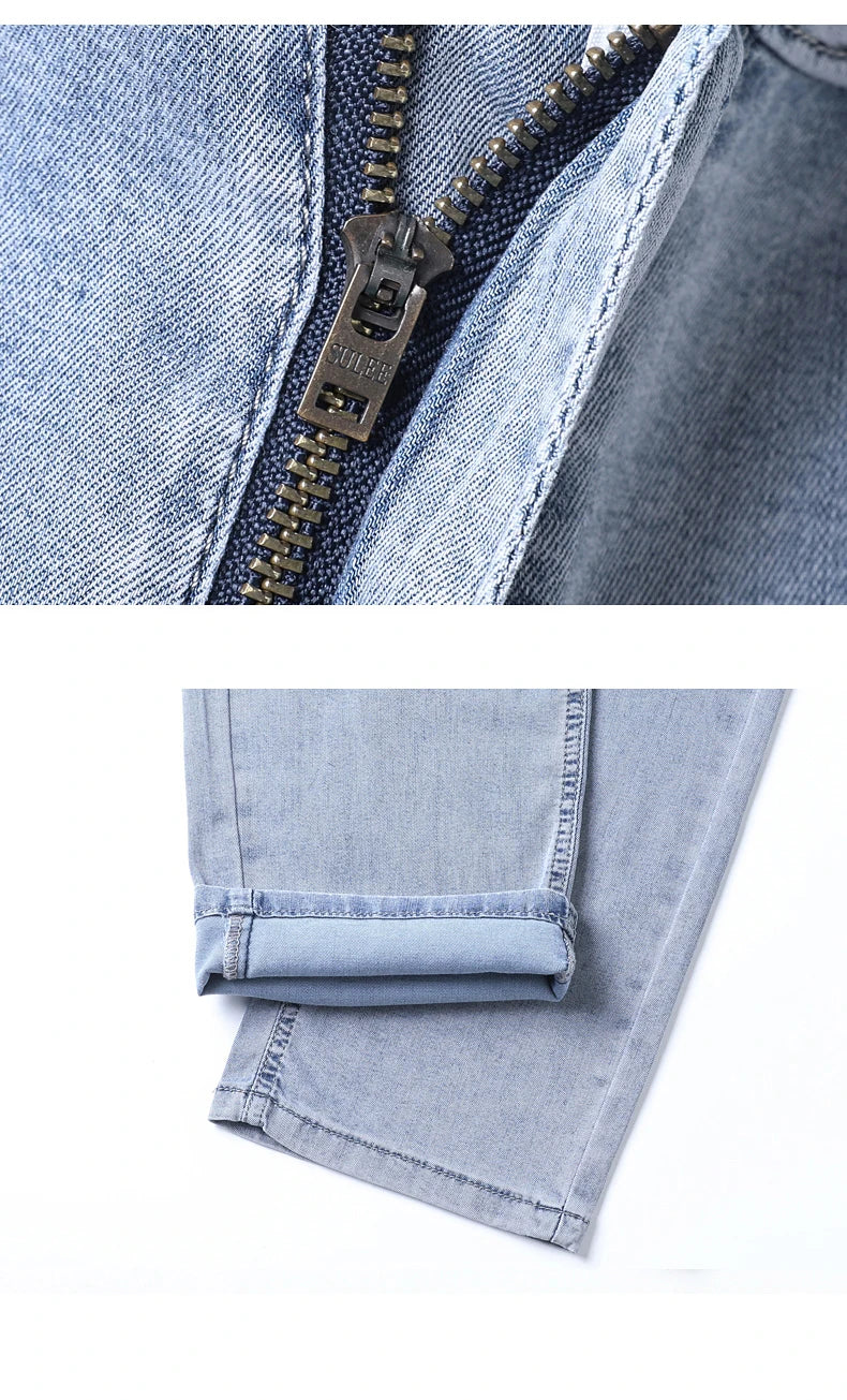 Summer Ultra-thin Men's Jeans Lyocell Soft Breathable Loose Straight Light Blue Denim Pants Business Casual Ice Silk Trousers