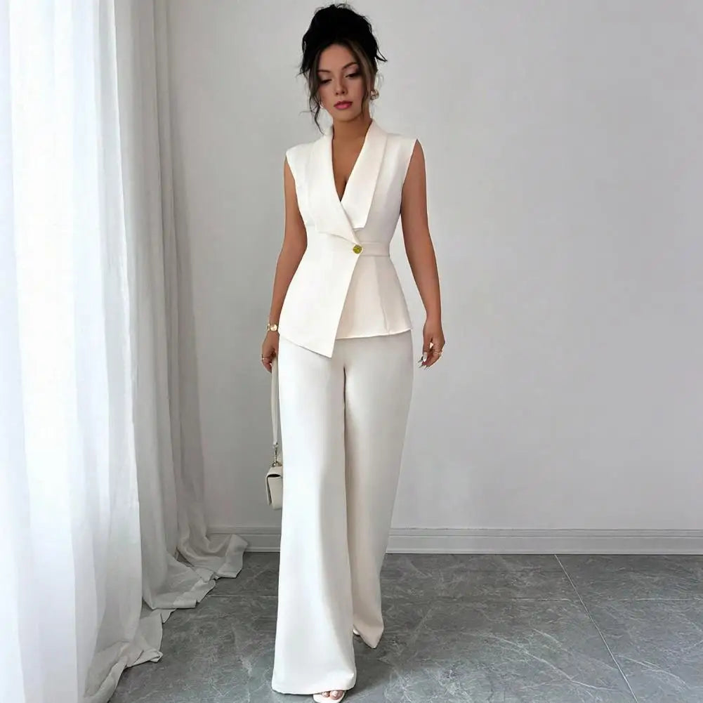 Women's Sleeveless Blazer Vest & Wide Leg Pants 2-Piece Suit Set