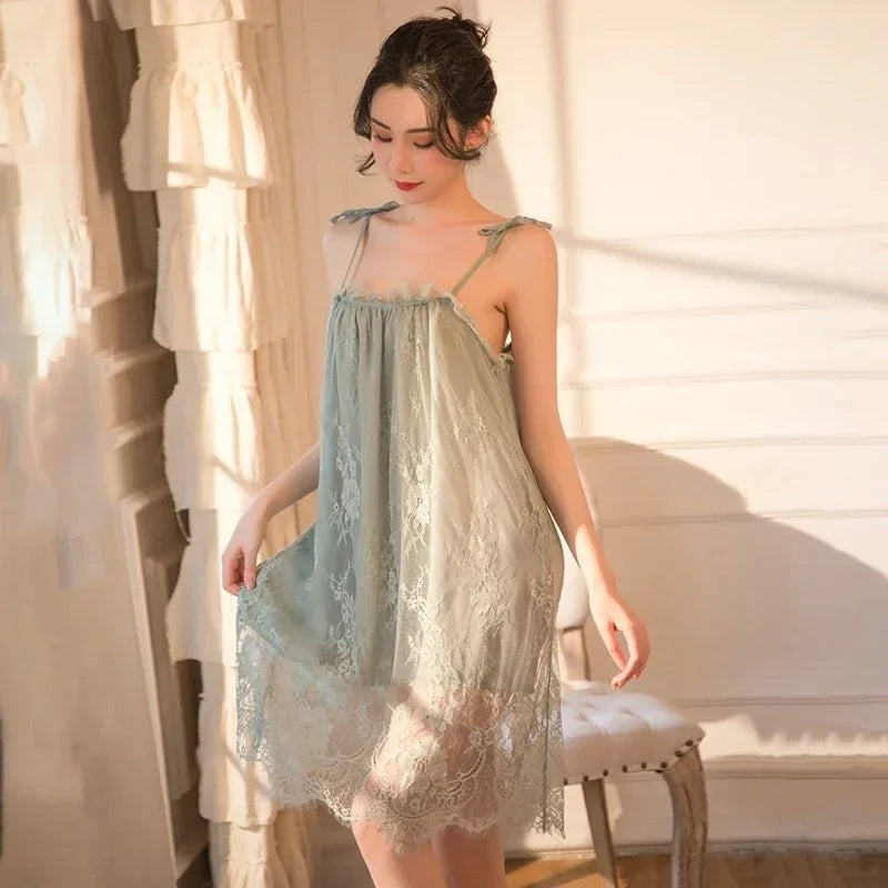 Women's Lace Trim Sling Nightdress – Sleeveless Satin-Feel Sleepwear Mini Dress