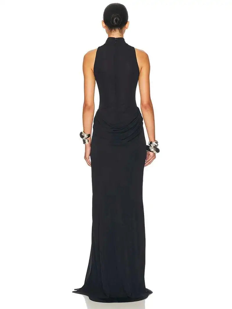 Turtleneck Off-Shoulder Thigh-Split Maxi Dress