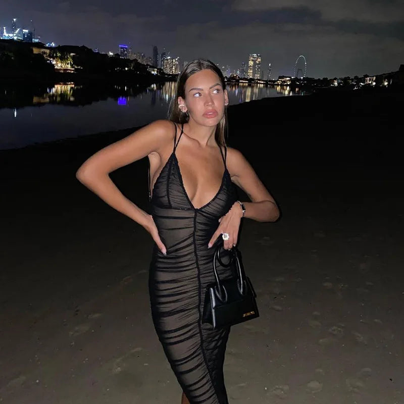 2023 Mesh Patchwork V Neck Backless Slips Draped Sexy Bodycon Midi Dress Summer Women Y2K Beach Rave Party Clothes