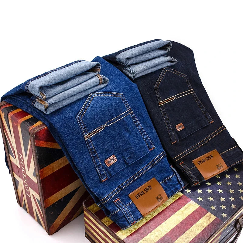 Men’s Classic Fitted Stretch Straight-Leg Jeans, Black & Blue