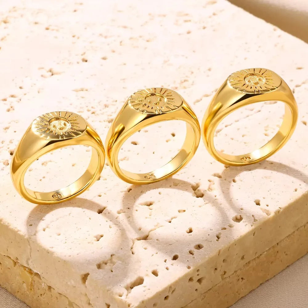Stainless Steel Sun Smile Rings Gold Color Finger Rings For Women Classic Fashion Couple Christmas Jewelry Best Friend Gift