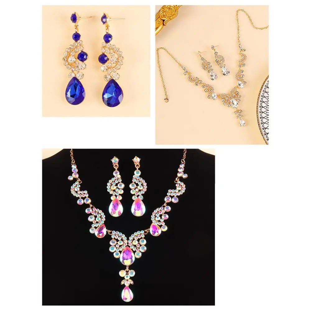 Luxury Rhinestone Jewelry Set Elegant Shiny Necklace Earrings Set Adjustable Waterdrop Pendant Wedding Bridal Accessories