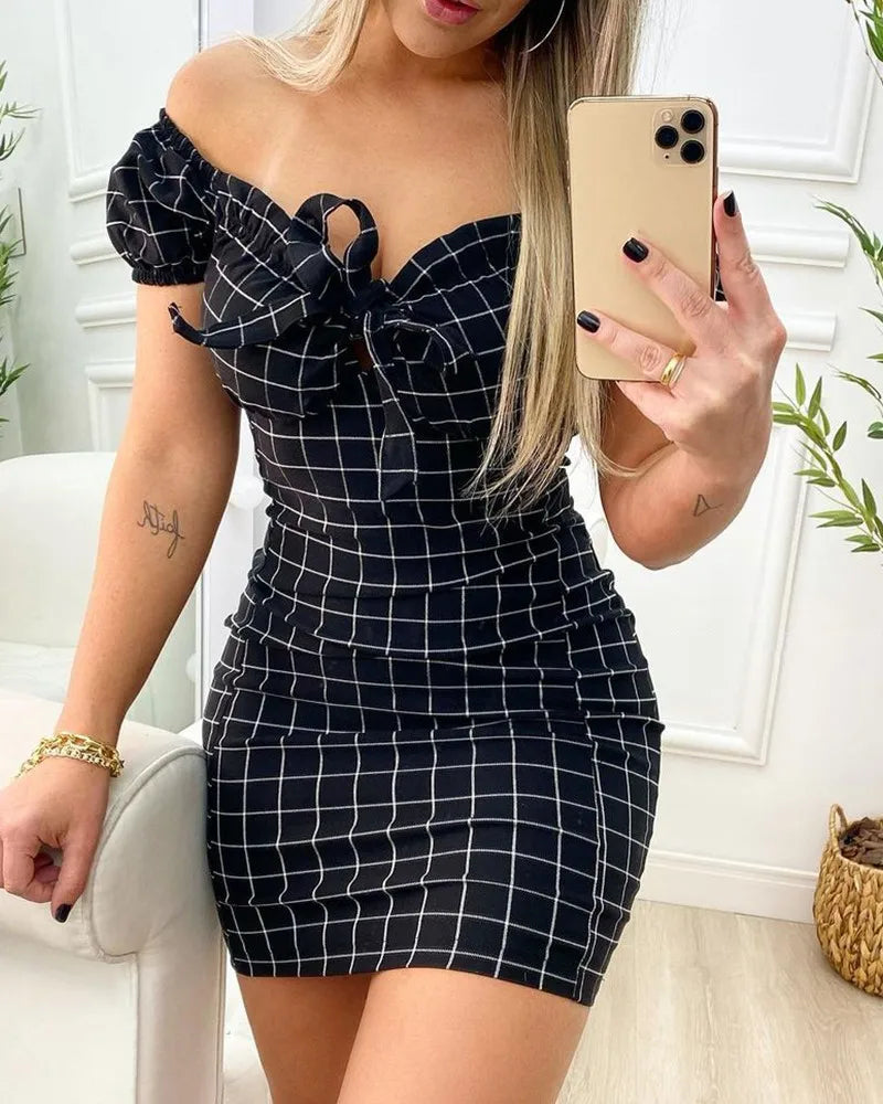 Grid Print Slash Neck Mini Dress — Slim Fit Sheath | Summer Casual | 6 Colors | S–XXL