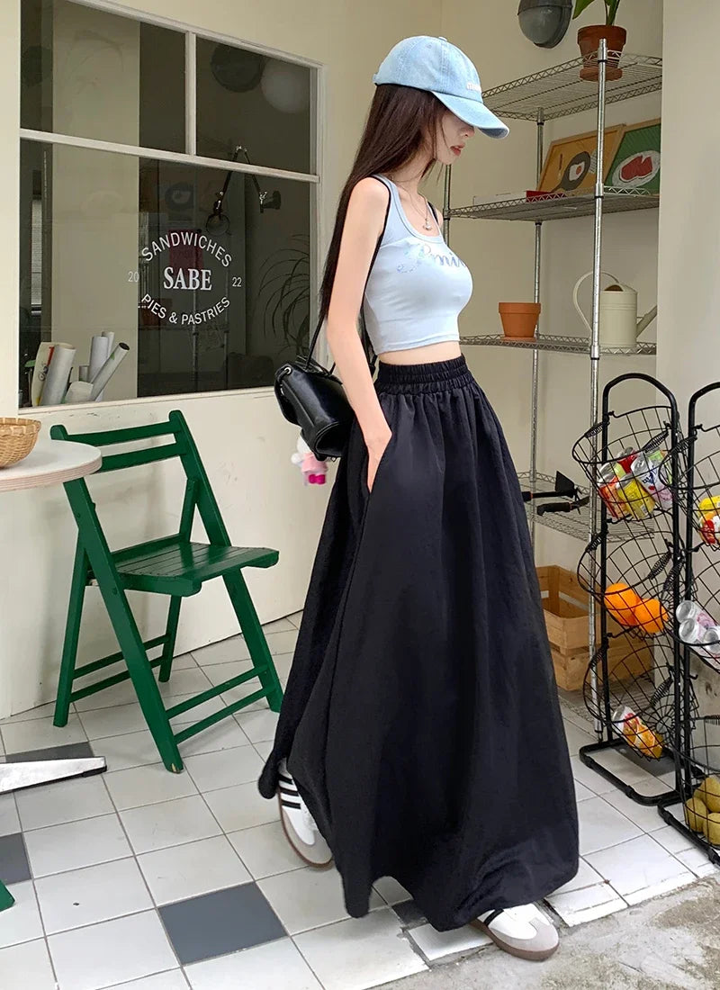 Chic Women Pockets A-Line Long Skirts Ladies Casual Loose Elastic High Waist Midi Skirt 2024 Spring Summer
