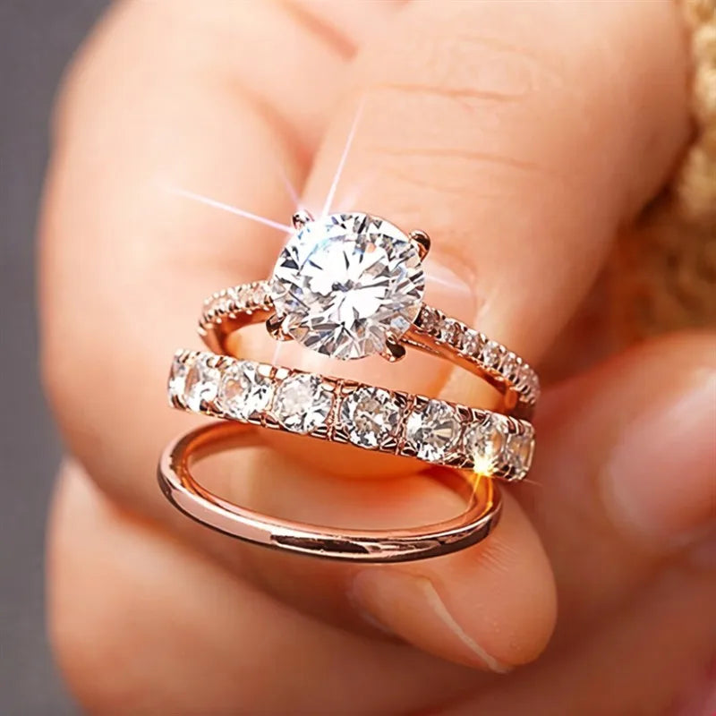 3-Piece CZ Bridal Ring Set — Stacking Engagement & Wedding Bands in Gold, White Gold or Rose Gold Tone | Sizes 5–14