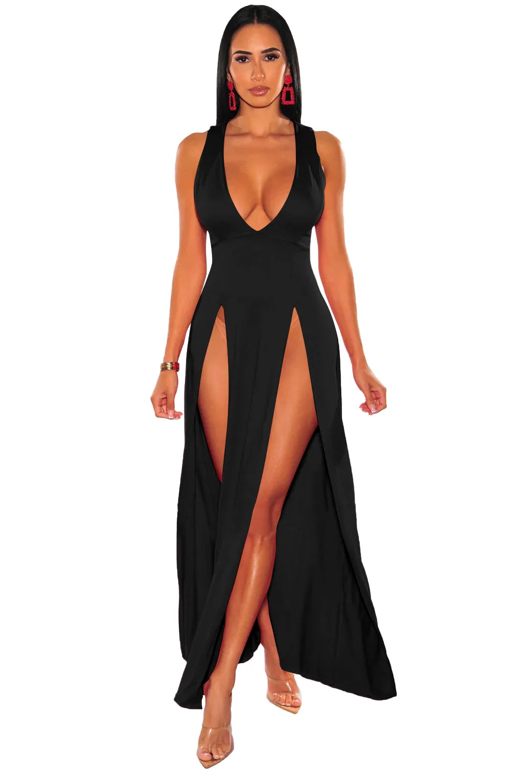 Sleeveless V-Neck Midi Dress – Slim-Fit A-Line Silhouette