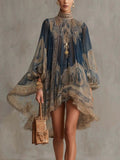 2026 hot  European and American turtleneck printed chiffon dress loose vacation style shawl long-sleeved women's dress