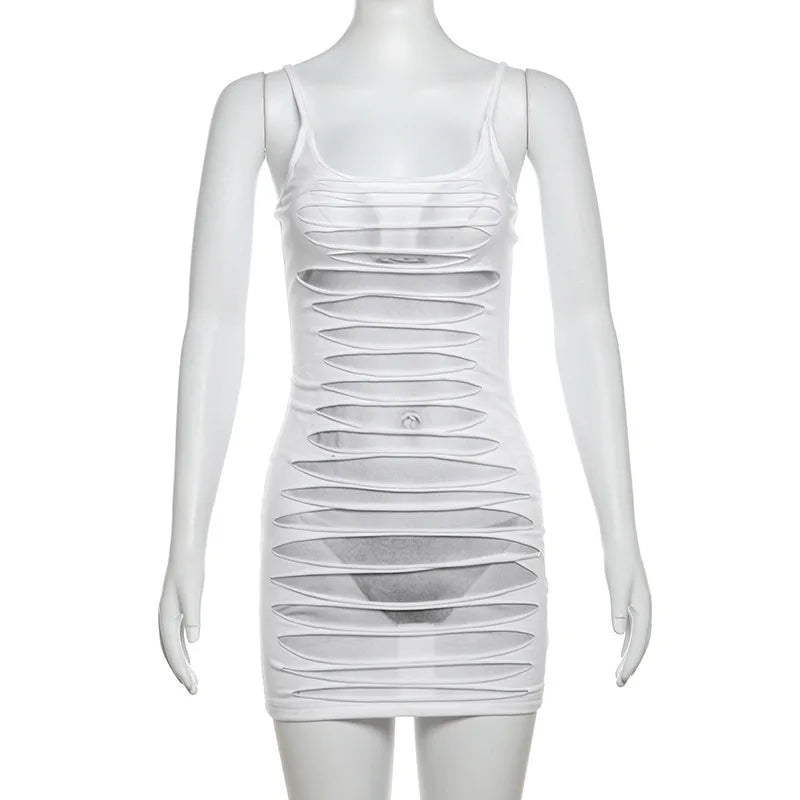 SylCue Sexy Hollow Mini Dresses Swomen Sling Off Sleeves Sexy Backless Skinny Wrap Buttocks Personality Niche Design Outfits