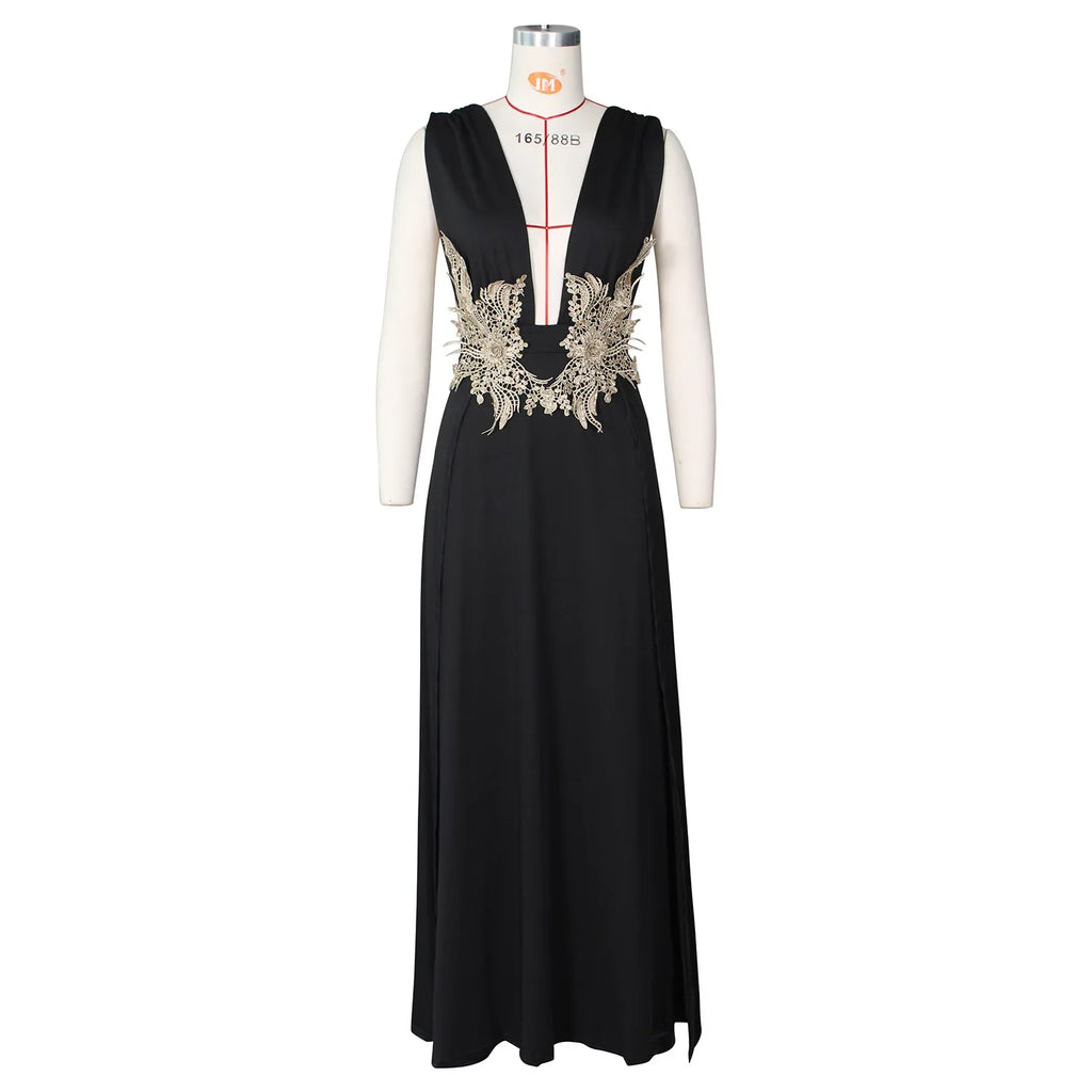 Floral Applique Maxi Dress | High-Split Sleeveless Party Gown
