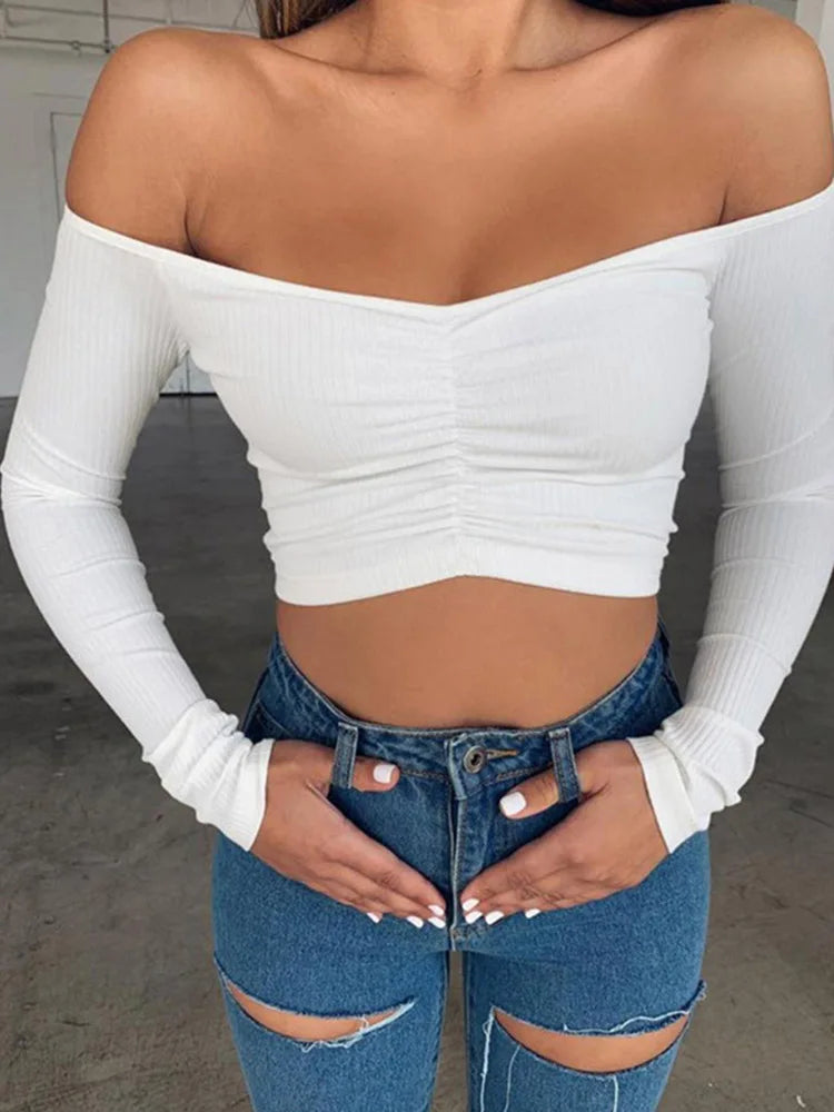 Dozw Off-Shoulder Long Sleeve Club Tee — Solid Color High-Stretch | Sexy Autumn Basic | Women's S–XL