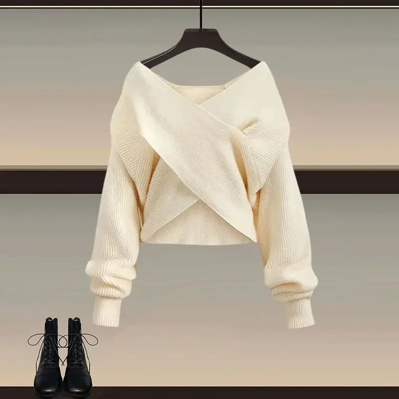 JiaoAmple 3-Piece Knit Sweater Set — Cross Knit Hoodie + Bottom Shirt + Strap Dress | Chic Winter | S–XXXL