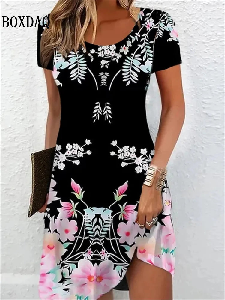 BOXDAQ Plus Size Gradient Flower Print Dress — Short Sleeve O-Neck A-Line | Casual Elegant | 4 Prints | S–6XL