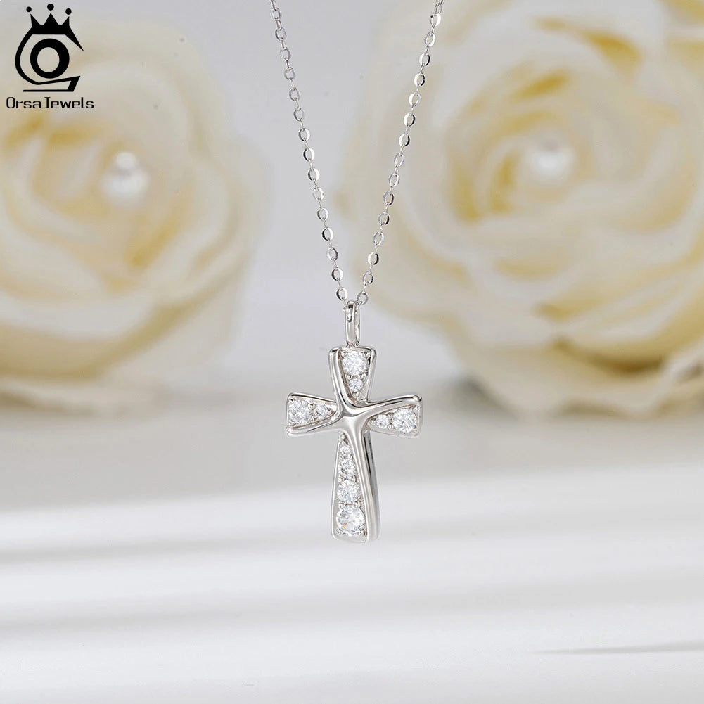ORSA JEWELS New Design 14K Gold Cross CZ Pendant luxury Women's 925 Sterling Silver 4A Zircon Necklace Anniversary Jewelry SN332